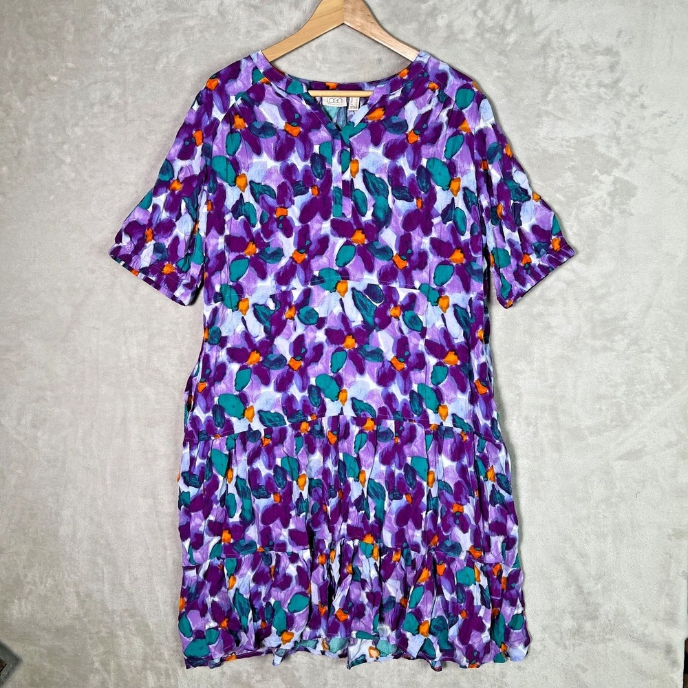 LOGO by Lori Goldstein Dress Sz L Printed Woven Tiered Pocket‎ Purple Resort